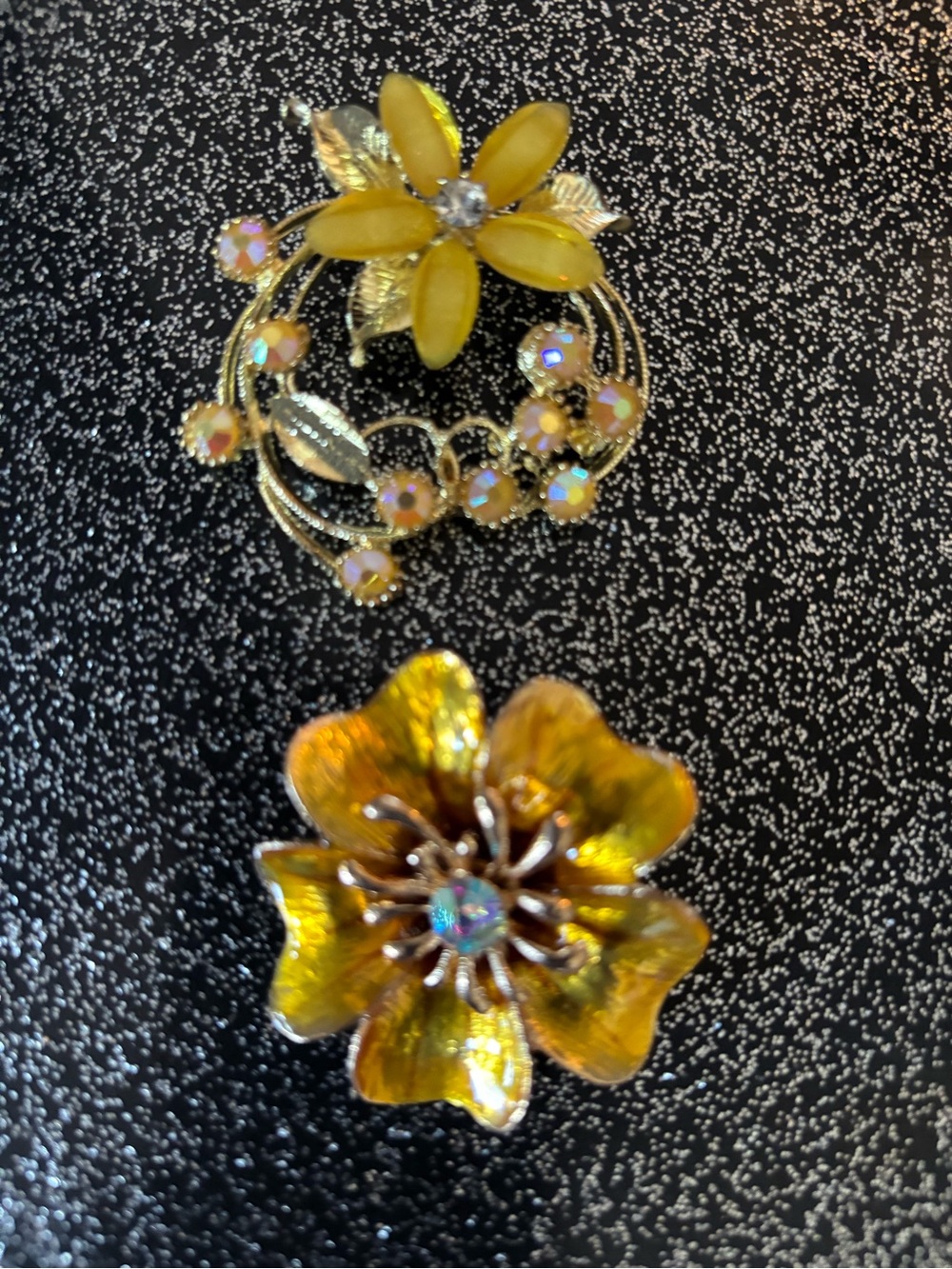2 Gold Tone Floral Brooch Lot Amber Enamel AB Rhinestone Flower Pins